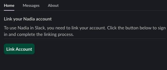 The Coach Nadia Home tab in Slack, prompting the user to link their Nadia account.