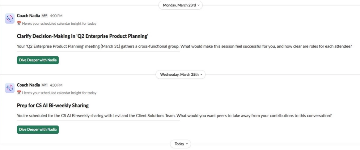 A run of scheduled calendar-insight DMs from Coach Nadia, each with a "Dive Deeper with Nadia" button.