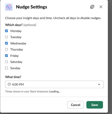 The Nudge Settings dialog, where the user picks which days and what time to receive insights.